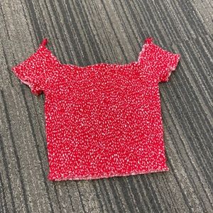 Red off the shoulder crop w/ white speckles